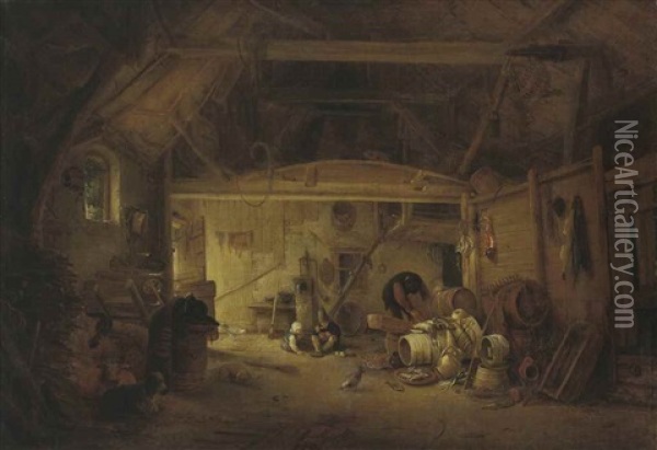A Barn Interior With Two Children Eating And A Man Working Oil Painting - Isaac Van Ostade