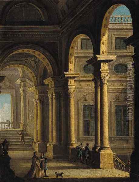 A classical colonnade with figures Oil Painting - Gennaro Grecco Called Mascacotta