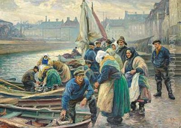 Skovserkonerne Tager Imod Dagens Fangst Pa Gammel Strand Oil Painting - Emil Axel Krause