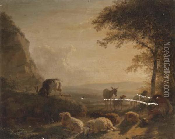A Landscape With A Shepherd And His Flock At Sunset Oil Painting - Balthasar Paul Ommeganck