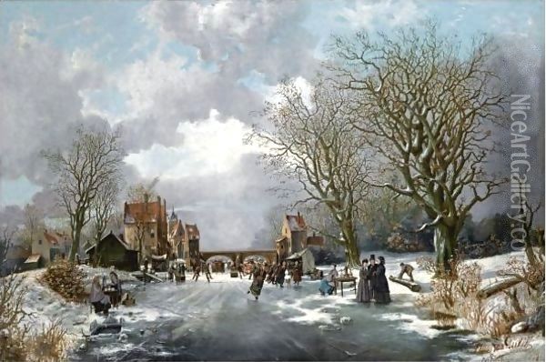 A Dutch Winter Scene With Many Elegant Figures On The Ice Oil Painting - Franciscus Lodewijk Van Gulik