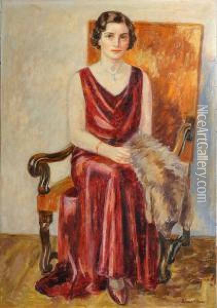 Portratt Av Dam I Rod Klanning, Signerad Simonsson, Daterad A Tergo 1931-32 Oil Painting - Birger Simonsson