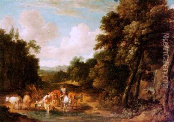 Bewaldete Landschaft Mit Bauer Und Vieh In Einer Furt Oil Painting - Martinus De La Court