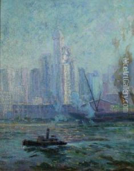 New York City Harbor And Skyline Oil Painting - Walter Koeniger