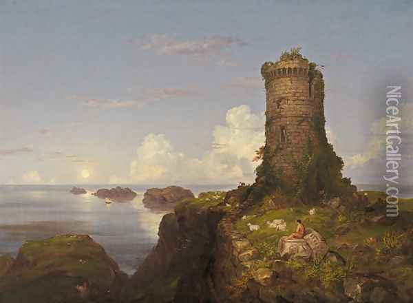 Italian Coast Scene with Ruined Tower Oil Painting - Thomas Cole