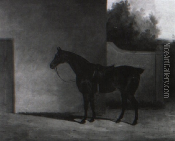 Saddled Bay Hunter In A Stableyard Oil Painting - John Dalby