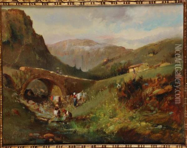 Lavandaie Al Ruscello Oil Painting - Giovanni Colmo