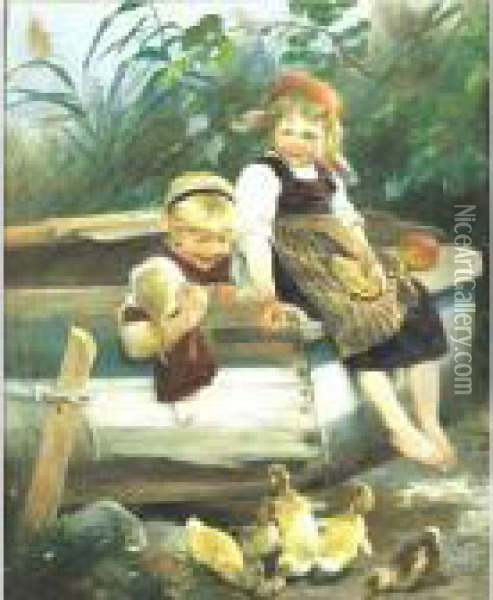 Feeding The Ducklings Oil Painting - Karl Raupp