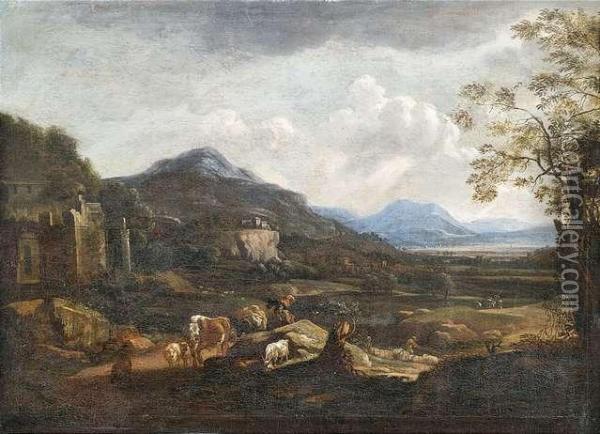 Italienische Ideallandschaft Mit Hirten Und Ruinen Oil Painting - Willem Van Bemmel