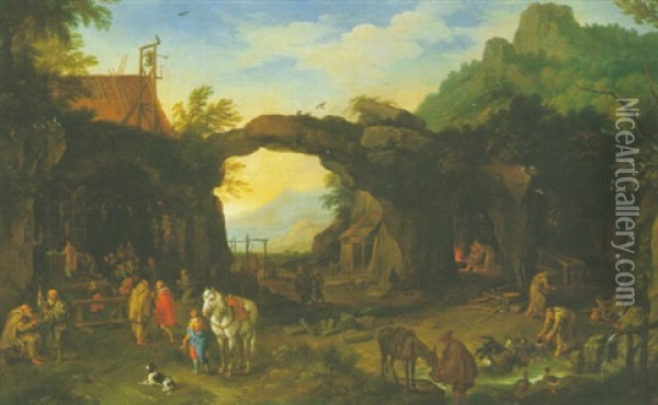 La Halte Des Pelerins Dans Un Paysage De Montagne Oil Painting - Joseph van Bredael