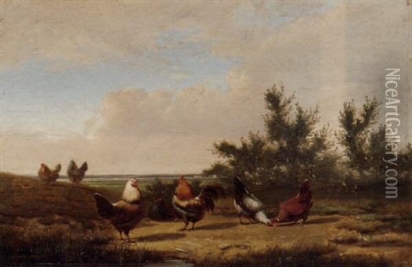 Poultry In A Field Oil Painting - Jef Louis Van Leemputten