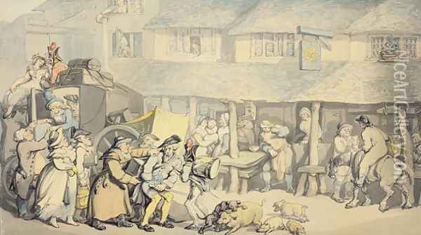 The Arrival of the Stage Coach at the Sun Inn, Bodmin, Cornwall Oil Painting - Thomas Rowlandson
