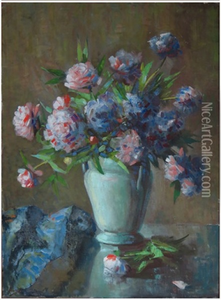 Still-life Of Peonies In A Porcelain Vase Oil Painting - Maurice Compris