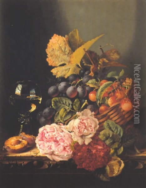 Still Life Of Flowers, Grapes, Cherries And A Glass Of White Wine Oil Painting - Edward Ladell