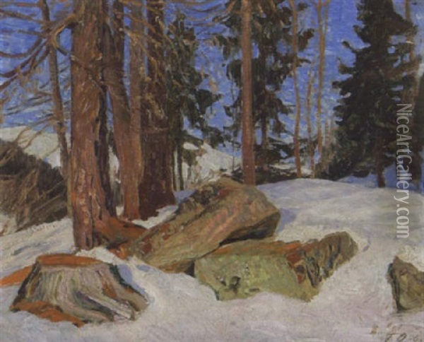 Davoser Waldstuck In Leuchtender Abendsonne Oil Painting - Fritz Overbeck