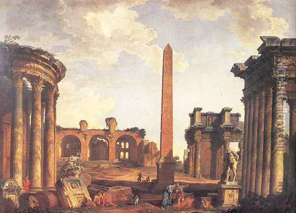 Roman Capriccio Oil Painting - Giovanni Paolo Pannini