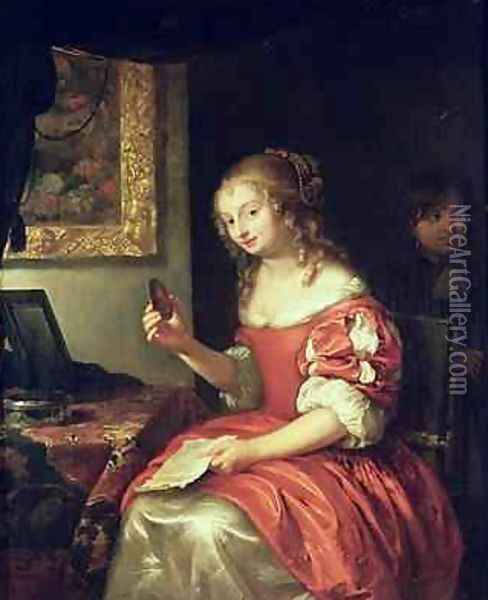 Young Woman with Letter and Locket 1667 Oil Painting - Caspar Netscher