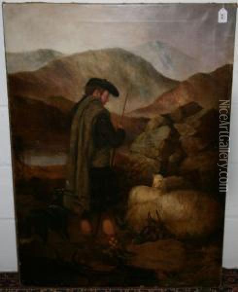 Highland Shepherdwith Sheepdog And Sheep Oil Painting - William Watson