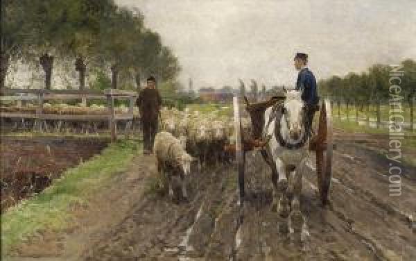 Austrieb Der Schafe. Oil Painting - Frans Van Leemputten