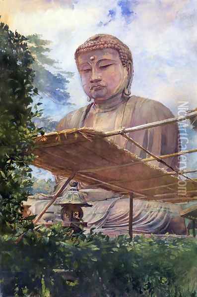The Great Statue Of Amida Buddha At Kamakura Known As The Diabutsu From The Priests Garden Oil Painting - John La Farge