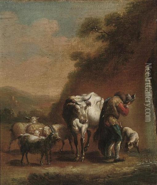 A Herdsman With His Cattle At A Waterfall Oil Painting - Michiel Carre