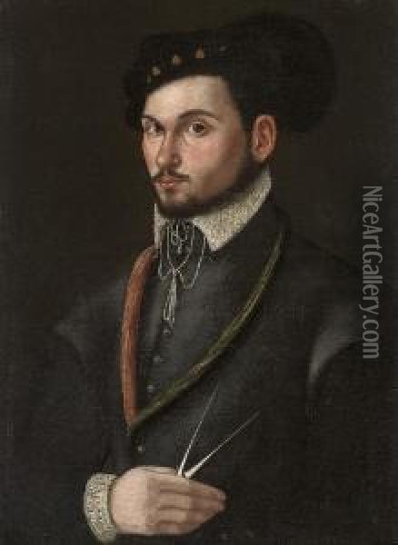 Portrait Of A Navigator, 
Half-length, In A Black Doublet And A Plumed Hat, A Pair Of Compasses In
 His Right Hand Oil Painting - Lavinia Fontana