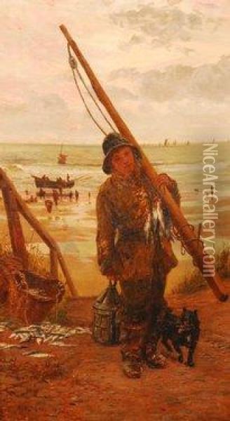 Study Of A Fisherboy Carrying A 
Spar Across His Shoulder And Lamp In His Hand And With A Terrier Dog At 
His Heels, 
With Figures Upon The Shoreline And A Boat Beached To The Distance Oil Painting - William Lionel Wyllie