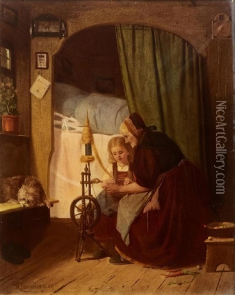 Girl And Grandmother At The Loom Oil Painting - Heinrich Leinweber