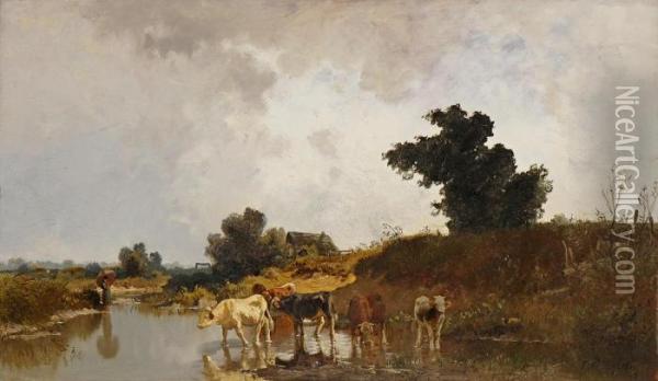 Kuhe An Der Tranke Oil Painting - Joseph Wenglein