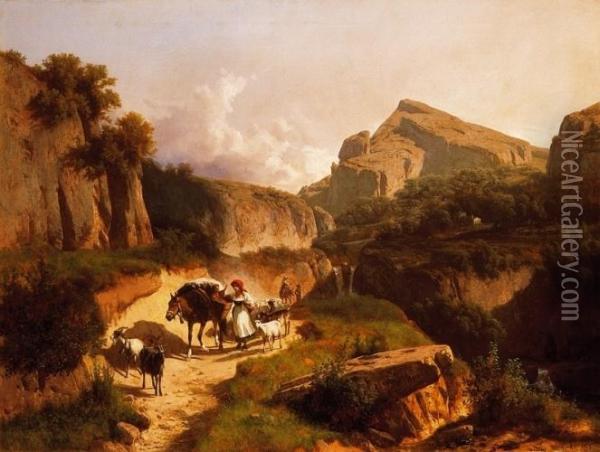 Italian Landscape With Shepherd Girl Oil Painting - Andras Markos