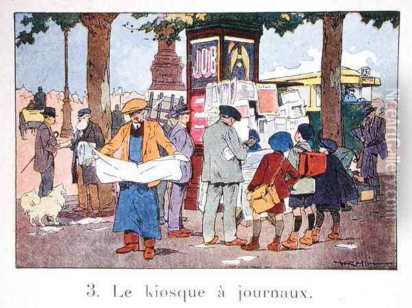 A Newspaper Kiosk in Paris, after 1918 Oil Painting - F. Raffin