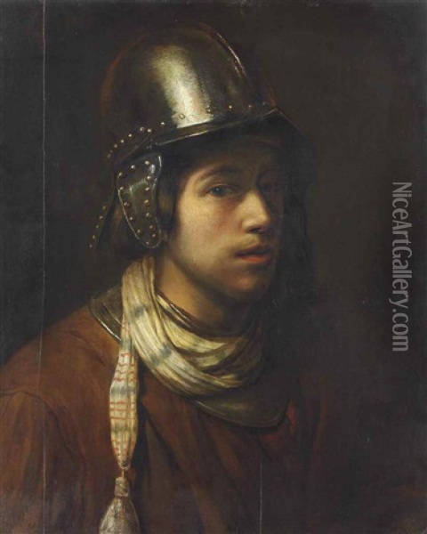 A Tronie Of A Young Man Wearing A Helmet Oil Painting -  Rembrandt van Rijn