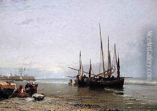 Luggers on the Beach at Treport 1885 Oil Painting - Arthur Joseph Meadows