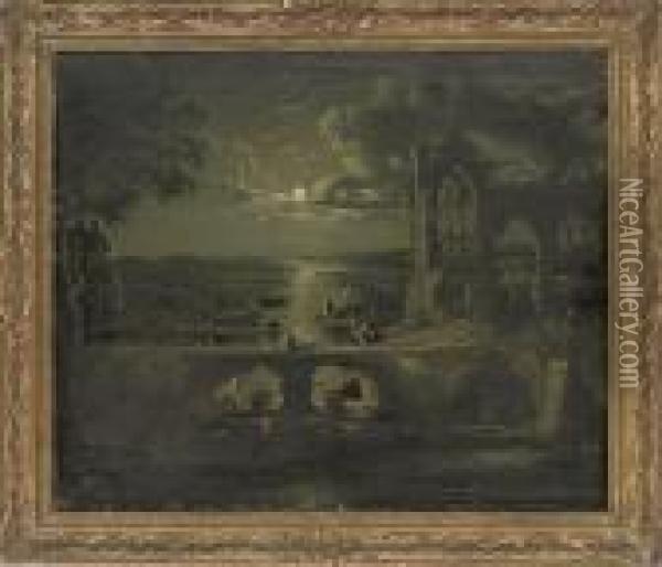 A Moonlit View Of A River With A Ruined Abbey In The Foreground Andfigures On A Bridge Oil Painting - Abraham Pether