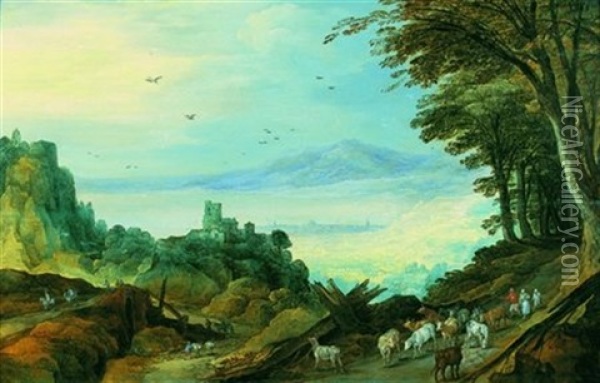 Berger Conduisant Son Troupeau Dans Un Paysage Lacustre (collab. W/jan Breughel The Younger) Oil Painting - Joos de Momper the Younger