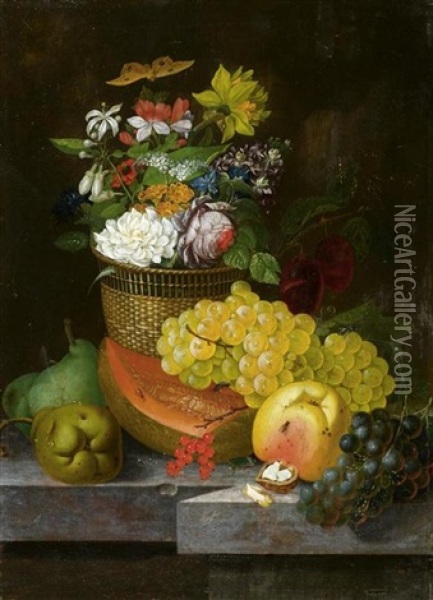 Stilleben Mit Fruchten Und Blumenkorb Auf Einer Steinbrustung Oil Painting - Johann Matthias Wurzer