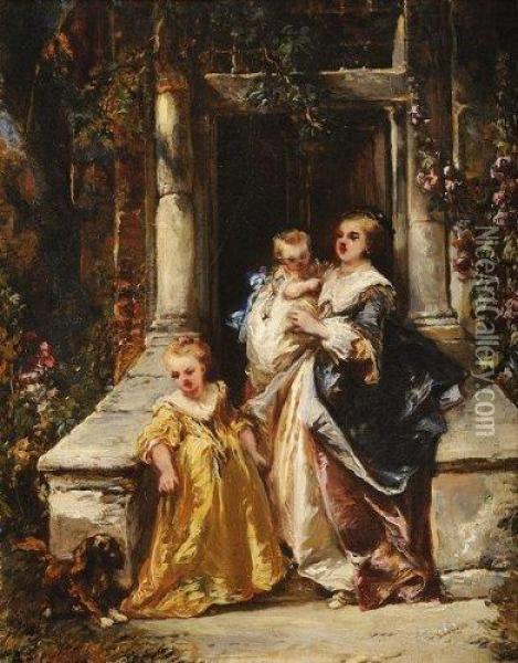 Mere Et Ses Enfants Sur Le Perron De Lademeure Oil Painting - Eugene Isabey
