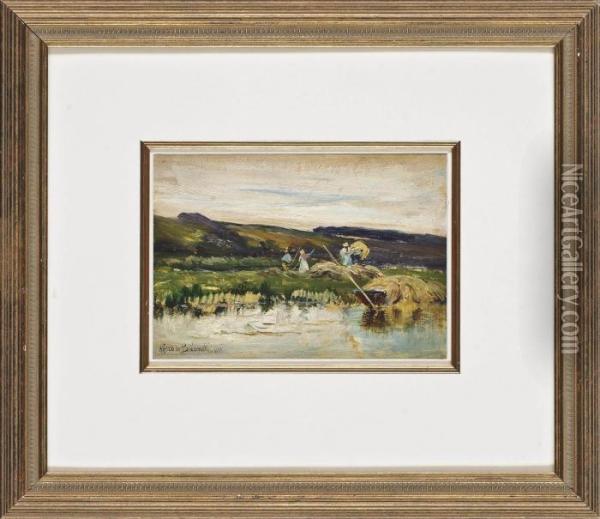Haymaking On Bolney Island Oil Painting - Alfred de Breanski