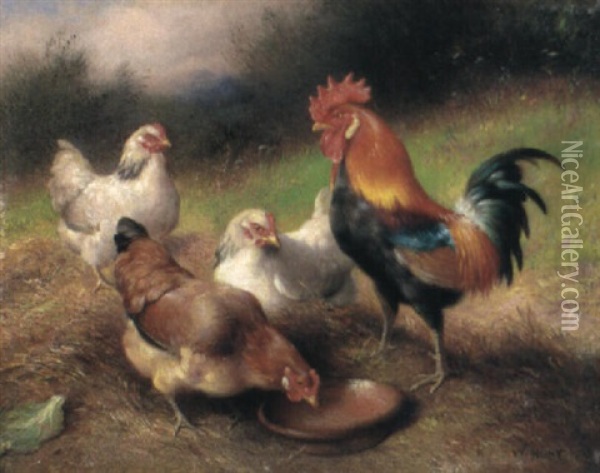 A Cockerel And Chickens In A Landscape Oil Painting - Walter Hunt