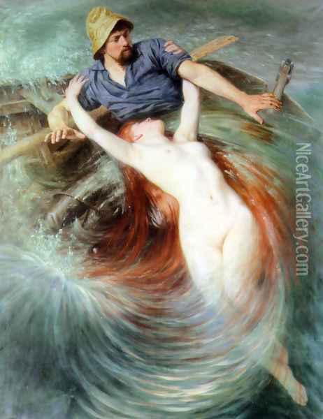 Fisherman Engulfed by a Siren Oil Painting - Knut Ekvall