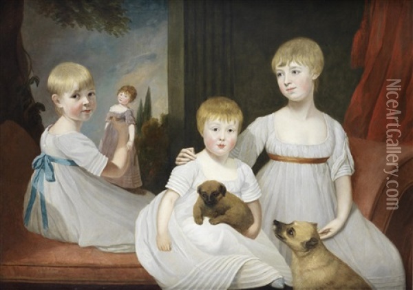 Portrait Of Three Children, Seated Before A Landscape, One Holding A Doll And The Others With Puppies Oil Painting - Sir John Hoppner
