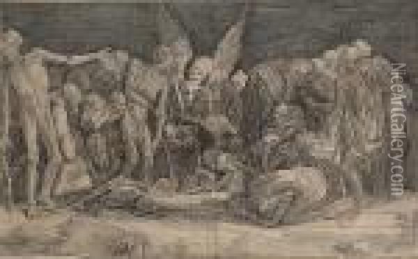 Skeletons (bartsch Xiv) Oil Painting - Agostino dei Musi