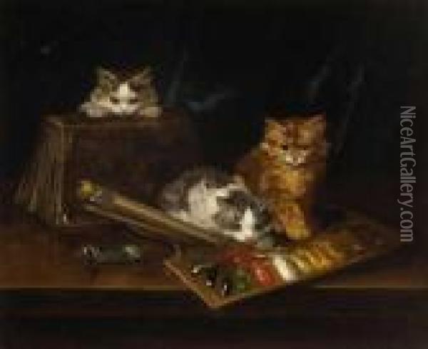 Drei Katzchen Im Atelier Oil Painting - Alphonse de Neuville