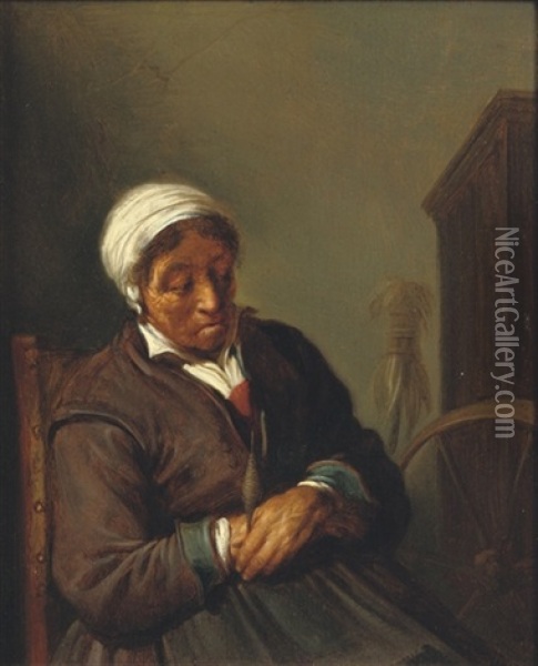 An Old Woman At A Spinning Wheel Oil Painting - Adriaen Jansz van Ostade