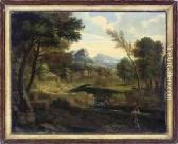 An Italianate River Landscape With A Figure On A Track Oil Painting - Gaspard Dughet Poussin