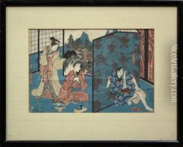 Kabuki Actors In Role Oil Painting - Utagawa Kunisada