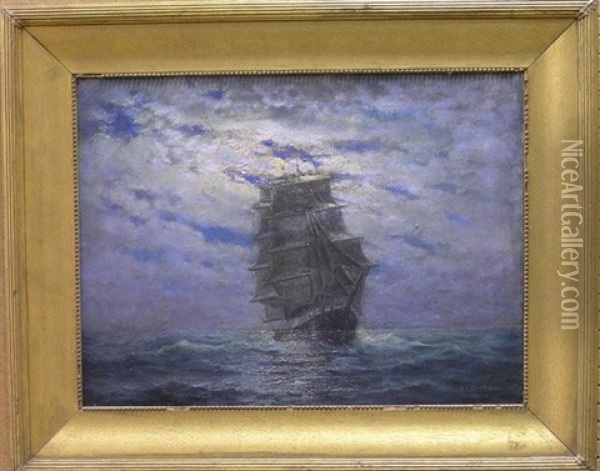 Ship At Moonlight Oil Painting - Johan R. Granberg