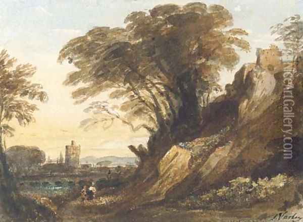 A landscape with a river and a castle on a cliff Oil Painting - John Varley