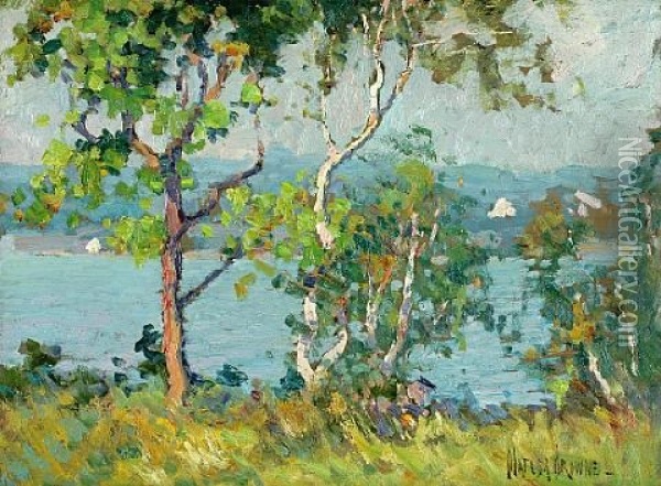 A Lake Viewed Through Trees (+ Sheep On A Hillside; 2 Works) Oil Painting - Matilda Brown