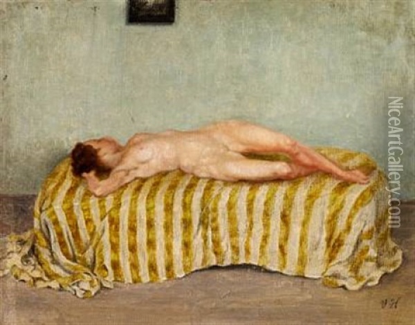 A Nude Woman Laying On A Bed Oil Painting - Vilhelm Hammershoi